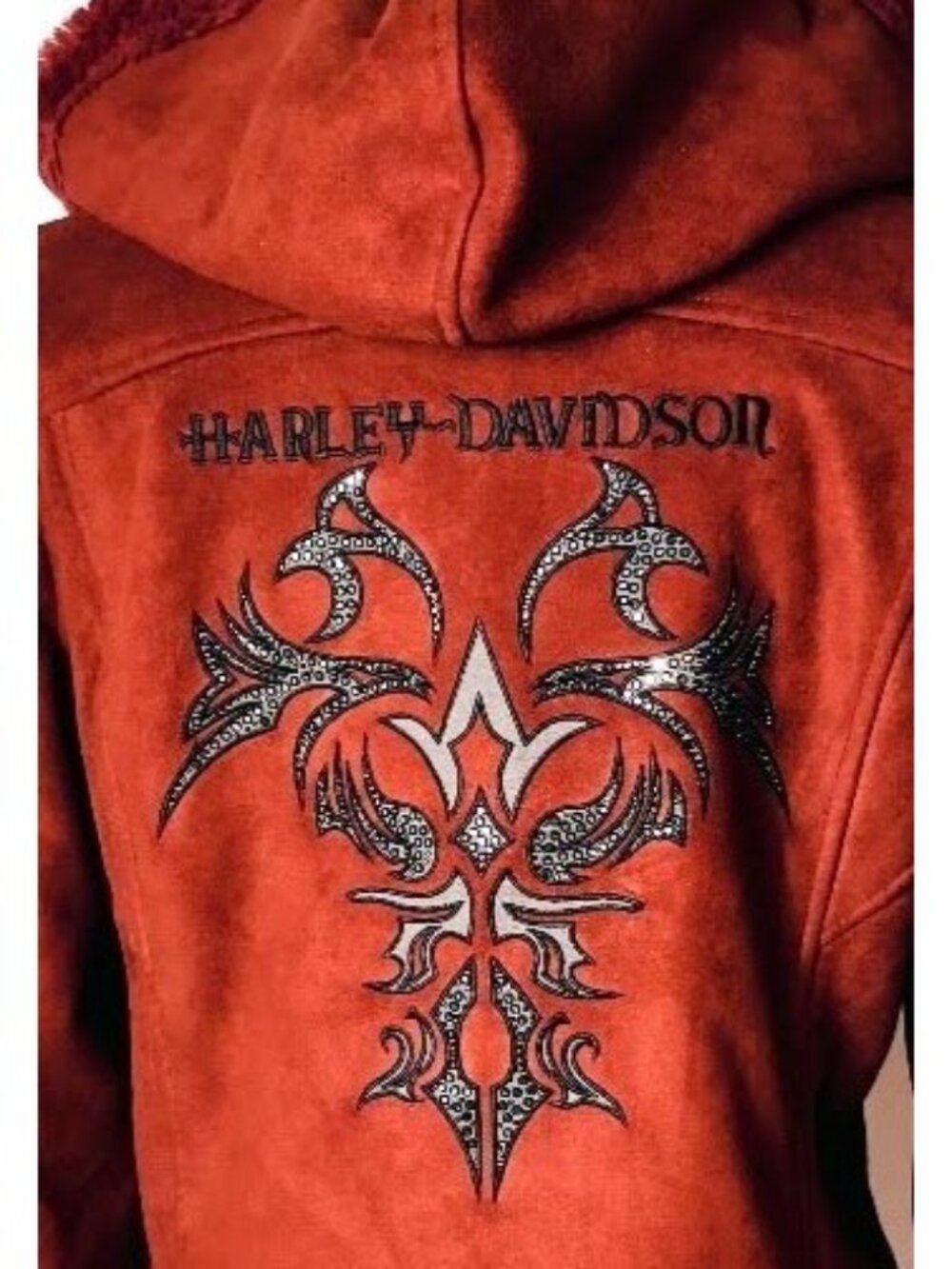 Harley-Davidson VTG Womens L Moto Suede Jacket Hooded Rust Rhinestone Sherpa Bik